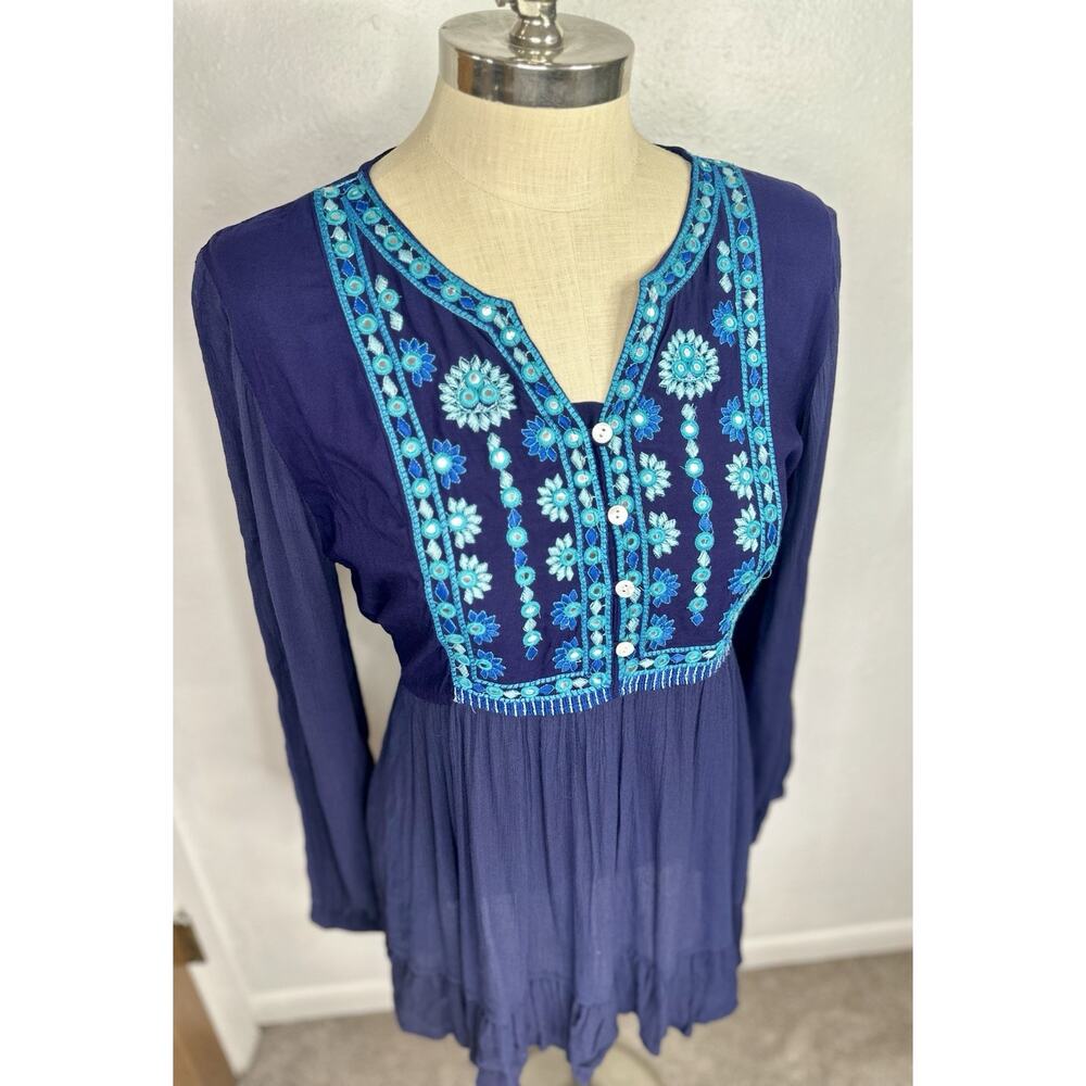 NWT Geeta Boho Tunic Tie Back Blouse Dress Navy Embroidered Large